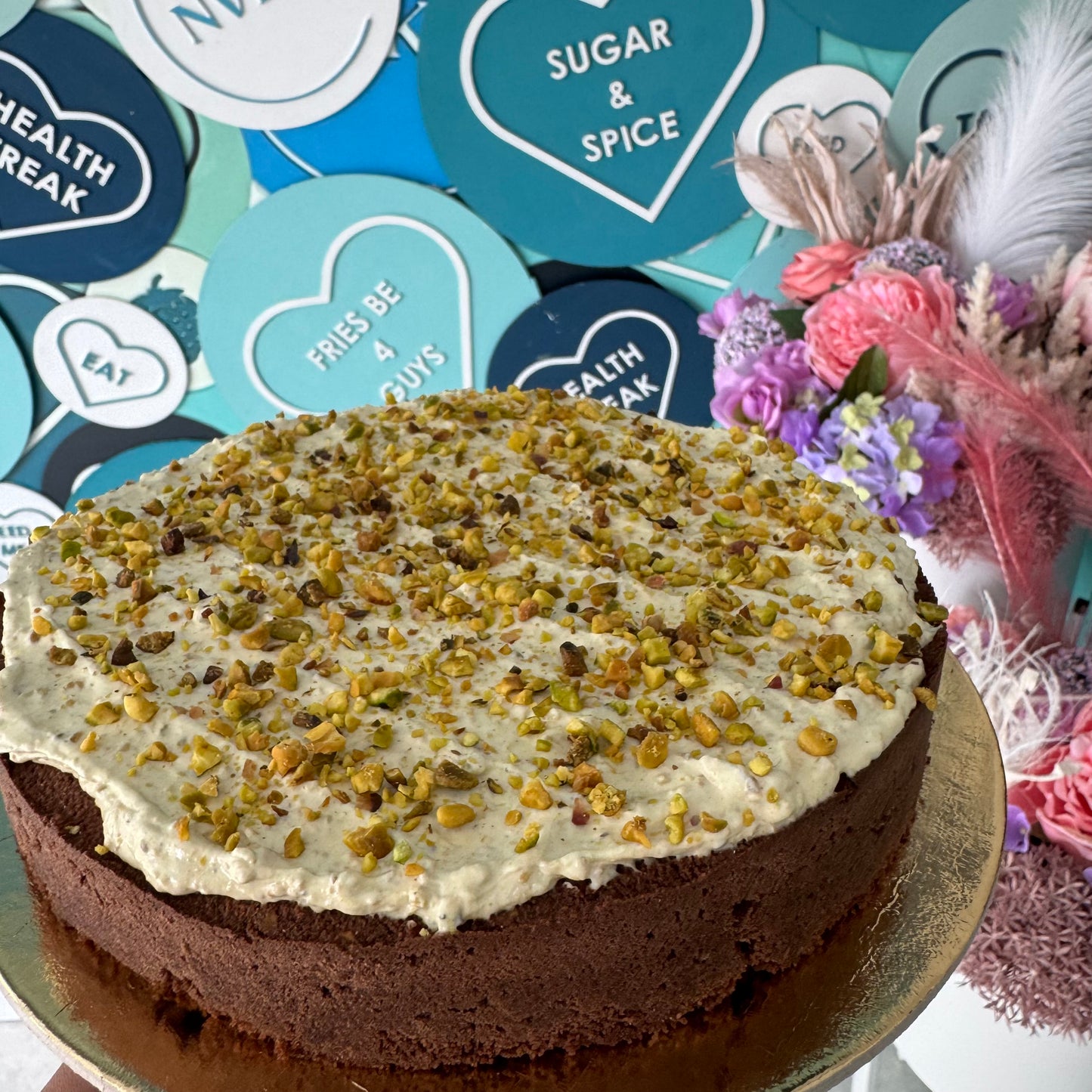 Keto Pistachio & Chocolate Cake with Cream Cheese Frosting