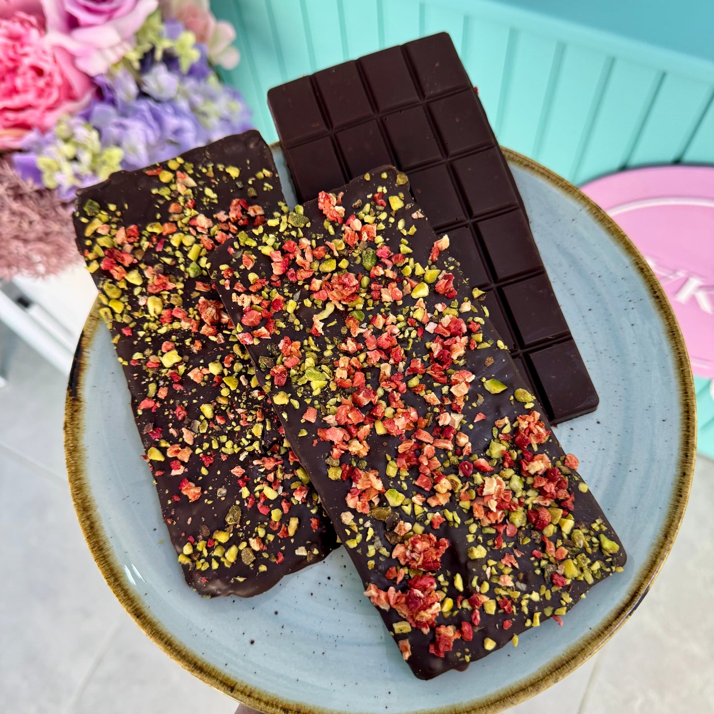 Belgian Dark Chocolate Bar with Strawberry & Pistachio
