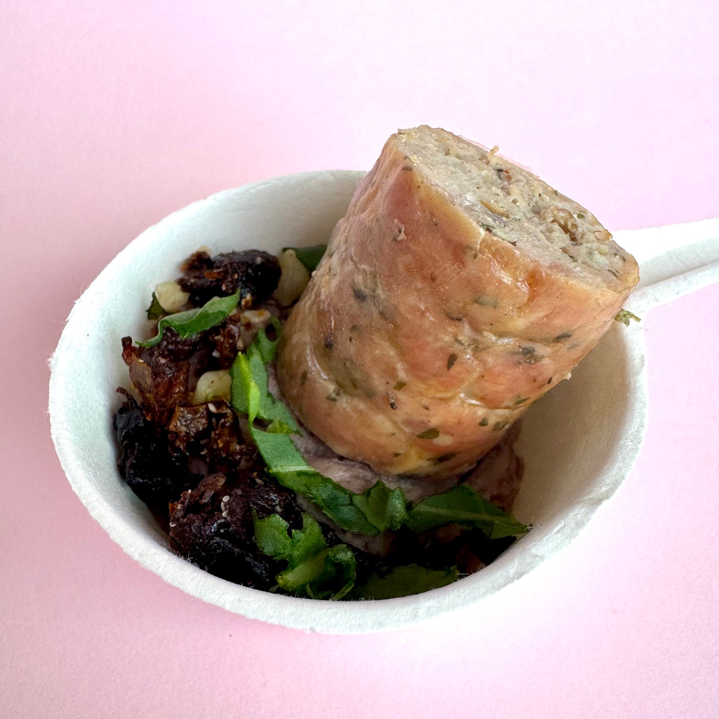 Maltese Sausage on Olive & Butterbean Tapenade w/ Sundried Tomato Almond Crumb