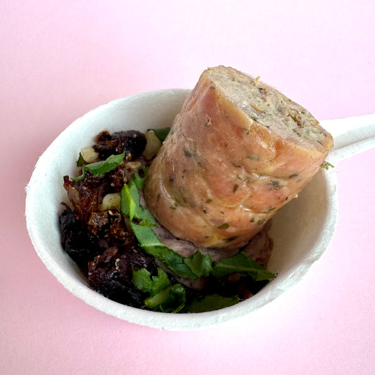 Maltese Sausage on Olive & Butterbean Tapenade w/ Sundried Tomato Almond Crumb