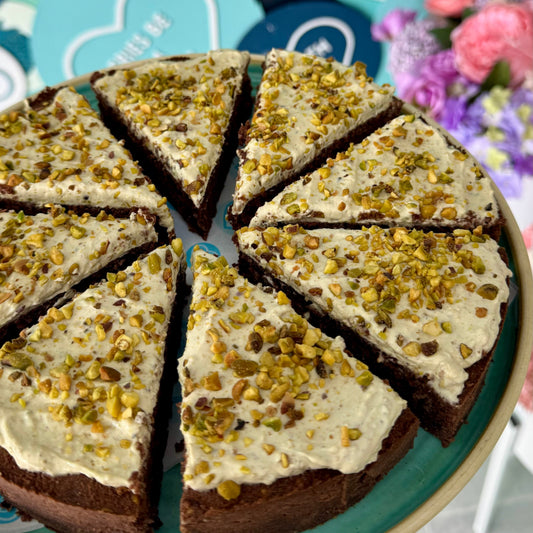 Keto Pistachio & Chocolate Cake with Cream Cheese Frosting